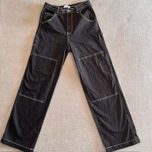 Black Contrast Stitch‎ Carpenter Pants Womens Wide Leg Jeans Trousers